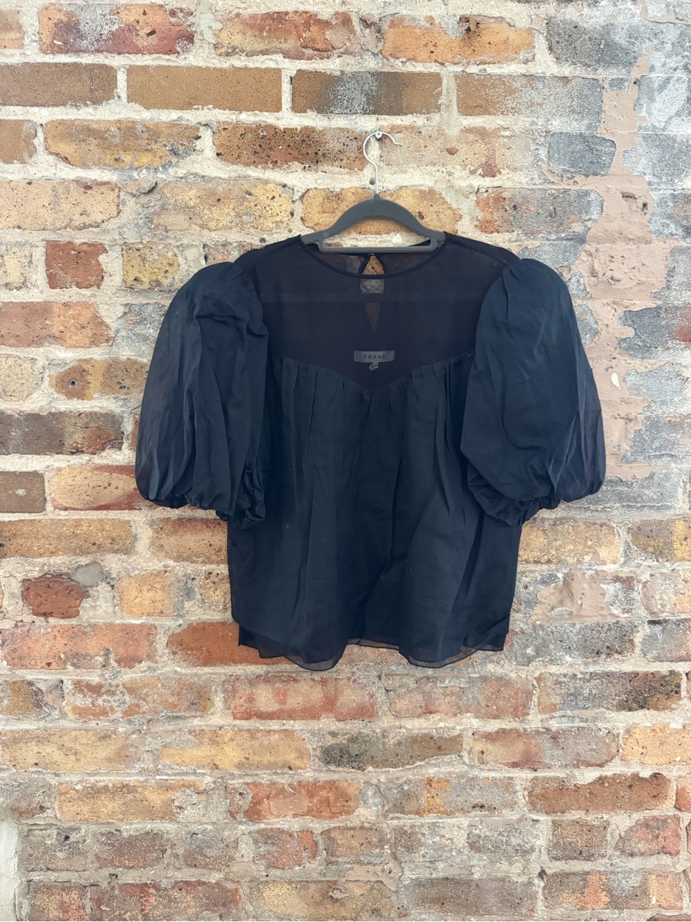 Frame Denim Black Sheer Puff-Sleeve Blouse